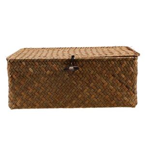 VORCOOL Rattan Storage Basket, Straw Seaweed Basket, Hand- Woven Storage Basket Multipurpose Container with Lid for Desktop Home Decoration (Size L)