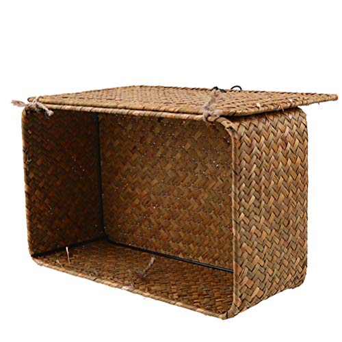 VORCOOL Rattan Storage Basket, Straw Seaweed Basket, Hand- Woven Storage Basket Multipurpose Container with Lid for Desktop Home Decoration (Size L)