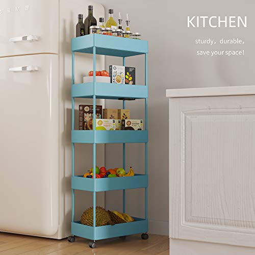 Generic 5-Tier Slide Out Storage Cart Mobile Slim Rolling Trolley on Wheels Space-Saving Shelf for Narrow Gap, Kitchen, Bathroom (Blue)