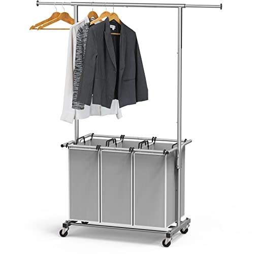 SimpleHouseware 3 Bag Laundry Sorter Rolling Cart w/Garment Rack Hanging Rod, Silver