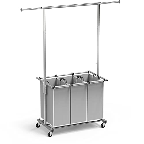 SimpleHouseware 3 Bag Laundry Sorter Rolling Cart w/Garment Rack Hanging Rod, Silver