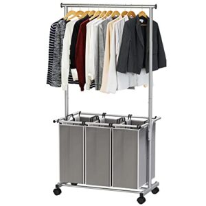 SimpleHouseware 3 Bag Laundry Sorter Rolling Cart w/Garment Rack Hanging Rod, Silver