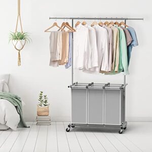 SimpleHouseware 3 Bag Laundry Sorter Rolling Cart w/Garment Rack Hanging Rod, Silver