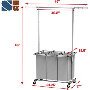 SimpleHouseware 3 Bag Laundry Sorter Rolling Cart w/Garment Rack Hanging Rod, Silver