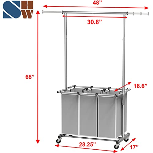 SimpleHouseware 3 Bag Laundry Sorter Rolling Cart w/Garment Rack Hanging Rod, Silver