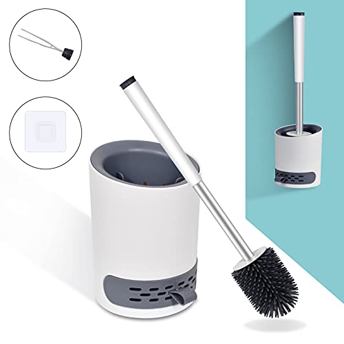 LUXACO Toilet Brush and Holder Set,Toilet Bowl Cleaner Brush for Bathroom,Wall Mounted Toilet Bowl Cleaner Brush,Soft Silicone Bristle Toilet Brush with Tweezers,White,5.1x4.7x6.7in(13x12x17cm)