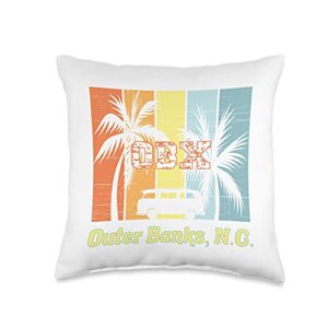 east west coast beaches merch co. nc obx retro beach family vacation outer banks palm tree throw pillow, 16x16, multicolor