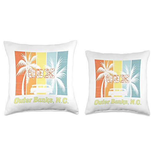 East West Coast Beaches Merch Co. NC OBX Retro Beach Family Vacation Outer Banks Palm Tree Throw Pillow, 16x16, Multicolor