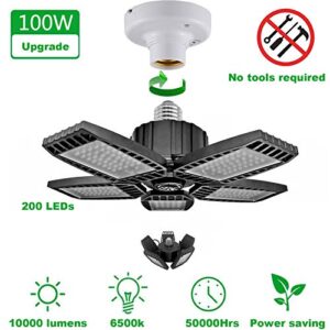 Garage Ceiling Lights, 10000LM Bright Led Deformable Lights for Garage, 100W LED Garage Light, Easy to Install 5 Glow Panels Ceiling Lamp for Basement Workshop Warehouse Attic Indoor Black