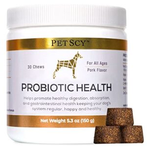 petscy - probiotic chews for dogs, probiotic for dogs of all ages, sizes & breeds with prebiotic fiber and pure omega-3 for dogs, improves skin, coat, and gut health, 30 chews