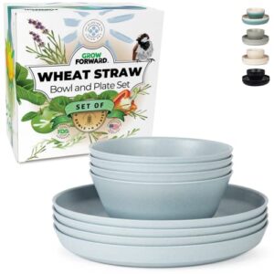 grow forward premium wheat straw plates and bowls sets - 8 piece unbreakable microwave safe dishes - reusable wheat straw dinnerware sets - wheat straw bowls for cereal, soup, camping, rv - glacier
