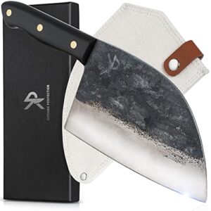 Kitchen perfection Meat Cleaver Kitchen Knife -Professional 7" Serbian Chef Knife –HandForged in Fire, High-Carbon Steel– Razor Sharp Cleaver Knife Chopping Knife w/Canvas Sheath,Unique Patina Looks