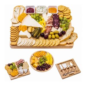 xce bamboo cheese board and charcuterie board with knife set, 16 x 13 x 1.5 inch, include extra round fruit plate - gift for men, women, mother, housewarming