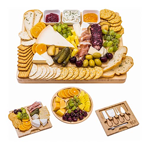 XcE Bamboo Cheese Board and Charcuterie Board with Knife Set, 16 x 13 x 1.5 inch, Include Extra Round Fruit Plate - Gift for Men, Women, Mother, Housewarming