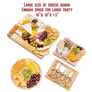 XcE Bamboo Cheese Board and Charcuterie Board with Knife Set, 16 x 13 x 1.5 inch, Include Extra Round Fruit Plate - Gift for Men, Women, Mother, Housewarming