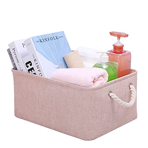 LordCom Storage Bins with Sturdy Cotton Handles(1 Pack) , Fabric Storage Baskets for Organizing use for Office & Home, Book, Clothes, Toys, Closet Boxes (Small, Pink, 12.2x8.3x6.3 inches)