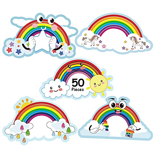 50 Pieces Rainbows Cut-Outs Bulletin Board Set Colorful Rainbow Accents Cut-Outs Sunshine Rainbow Clouds Cut-Outs Classroom Bulletin Board Cutouts Rainbow Theme Party Decor with Glue Point Dots