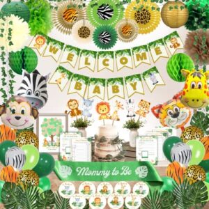 premium safari baby shower decorations for boy jungle theme baby shower decor - banner, animal cutouts, balloons, paper decorations, guest book, leaves, games, sash - jungle baby shower decorations