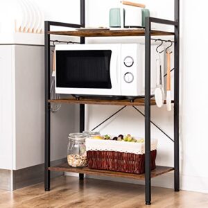 HOOBRO Bakers Rack for Kitchen, 4 Tier Microwave Stand with Storage, Multifunctional Baker's Rack with 8 Hooks, Wooden Kitchen Storage Shelf, Stable Metal Frame, Easy Assembly, Rustic Brown BF04HB01