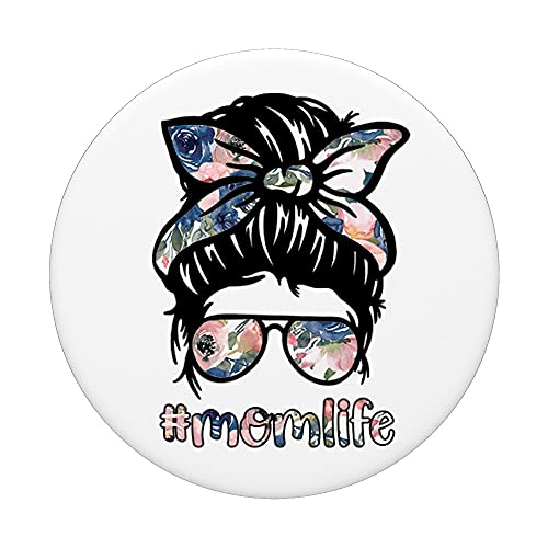 Pink Floral Mom Life Messy Bun Hair PopSockets Swappable PopGrip