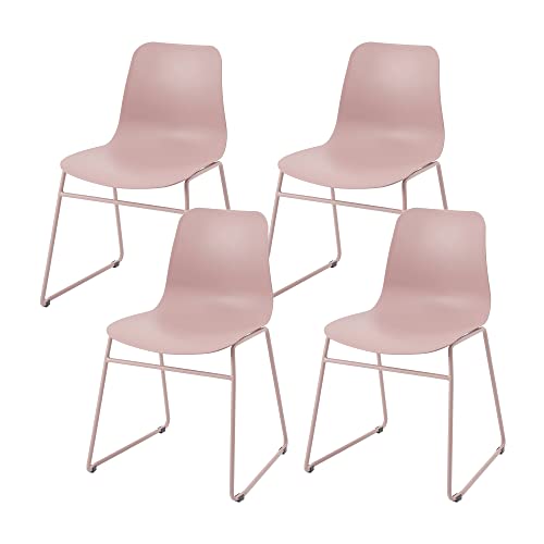 Roomnhome】 Durable Modern Pastel Tone self-Assembly Plastic seat and Steel Frame Kitchen, Dining, Bedroom Side Chair Set of 4 (Light Pink)