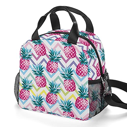 Reusable Insulated Lunch Bag with Adjustable Shoulder Strap, Leakproof Cooler Lunch Box Meal Prep Organizer Tote Bag Freezable for Women & Men, Office Work Outdoor (Pink Pineapple)