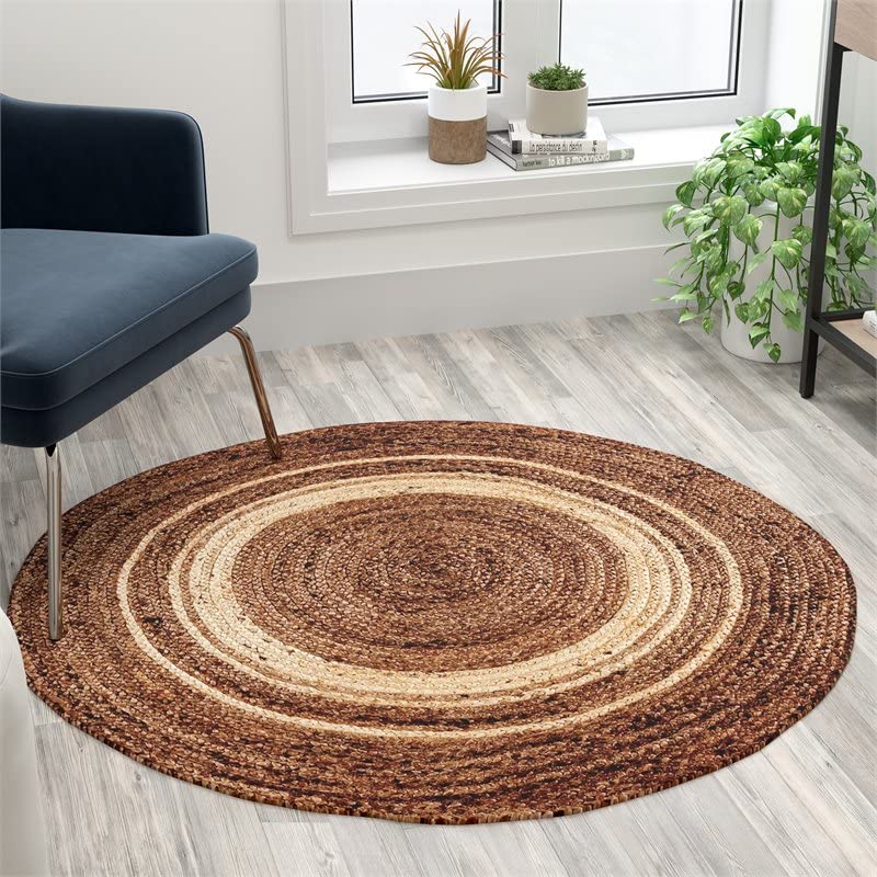 Flash Furniture Prima Natural Fiber Jute Area Rug 4 Foot Round - Braided Indoor Jute Rug - Natural Area Rugs