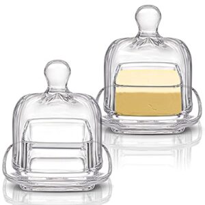 zoofox 2 pack glass butter dish, small glass butter keeper with lid and easy grip handle, clear butter serving storage dish with cover, square covered mini butter container