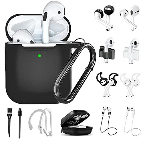 Black Airpods Case,16 in 1 Airpod 1&2 Accessories Set Anti-Lost Straps with Keychain/Apple Watch Band Holder/Airpod Ear Tips/Ear Hooks/Carry Case for Apple Airpods Silicone Cover for Girls/Women/Men…