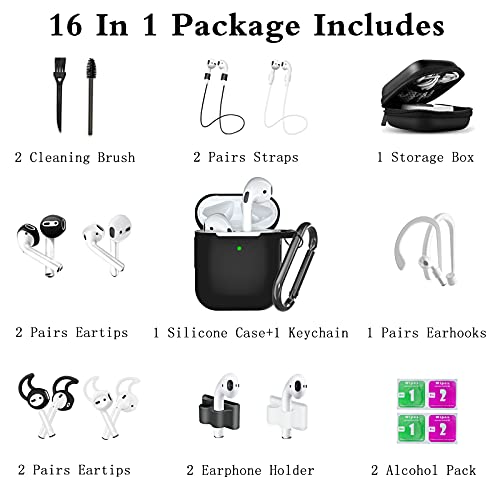 Black Airpods Case,16 in 1 Airpod 1&2 Accessories Set Anti-Lost Straps with Keychain/Apple Watch Band Holder/Airpod Ear Tips/Ear Hooks/Carry Case for Apple Airpods Silicone Cover for Girls/Women/Men…