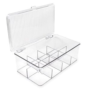 isaac jacobs divided clear plastic organizer (10.75” x 6.5” x 3.7”) w/hinged lid, stackable storage box for tea bags, crafts, office supplies, cosmetics, jewelry, bpa-free, food safe pantry container