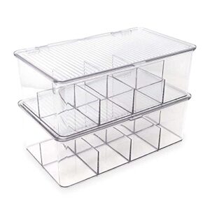 Isaac Jacobs Divided Clear Plastic Organizer (10.75” x 6.5” x 3.7”) w/Hinged Lid, Stackable Storage Box for Tea Bags, Crafts, Office Supplies, Cosmetics, Jewelry, BPA-Free, Food Safe Pantry Container