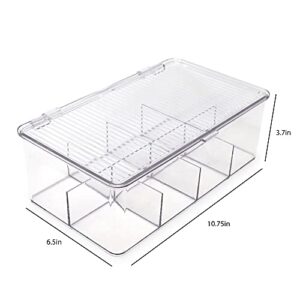 Isaac Jacobs Divided Clear Plastic Organizer (10.75” x 6.5” x 3.7”) w/Hinged Lid, Stackable Storage Box for Tea Bags, Crafts, Office Supplies, Cosmetics, Jewelry, BPA-Free, Food Safe Pantry Container