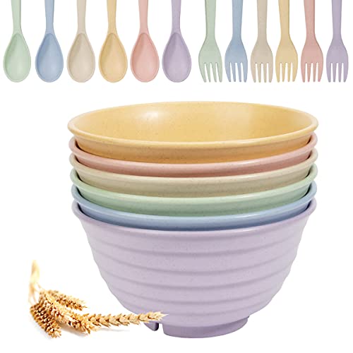 SGAOFIEE Unbreakable Cereal Bowls - 30 OZ Wheat Straw Fiber Lightweight Bowl Sets of 6 - with 6 Spoons & 6 Forks - for Rice Noodle Soup Breakfast Bowls - Dishwasher & Microwave Safe