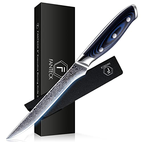 [6-Inch]Boning Knife,Fanteck Fillet Knife Damascus Japanese Pro High Carbon Steel Sharp Curved Flexible Blade Kitchen Cleaver for Fish Poultry Chicken Meat Cutting[Gift Box & Sheath]-G10 Blue Handle