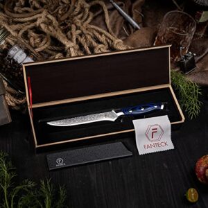 [6-Inch]Boning Knife,Fanteck Fillet Knife Damascus Japanese Pro High Carbon Steel Sharp Curved Flexible Blade Kitchen Cleaver for Fish Poultry Chicken Meat Cutting[Gift Box & Sheath]-G10 Blue Handle