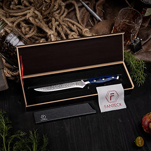 [6-Inch]Boning Knife,Fanteck Fillet Knife Damascus Japanese Pro High Carbon Steel Sharp Curved Flexible Blade Kitchen Cleaver for Fish Poultry Chicken Meat Cutting[Gift Box & Sheath]-G10 Blue Handle