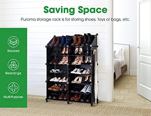 Puroma Stackable Shoe Storage Organizer Cabinet, 12-Cube Plastic Shoe Storage Rack Durable Modular Shoe Cabinet with Wooden Mallet DIY for Home, Office, Bedroom（Black