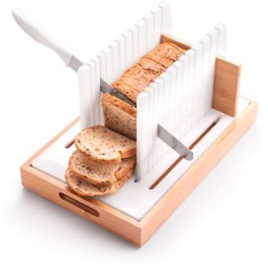 bread slicer for homemade bread with long knife & crumb tray - compactable bread slicer guide for homemade bread adjustable, 3 size, 3 thickness - bread cutter for homemade bread, loaf, bagel, bun