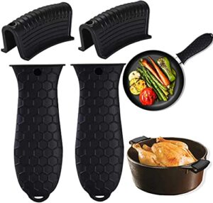 silicone hot handle holders cover 4 pack cast iron skillet handle cover pot handle holder sleeve non-slip heat resistant removable potholder for metal ​frying pans aluminum cookware handles (black)