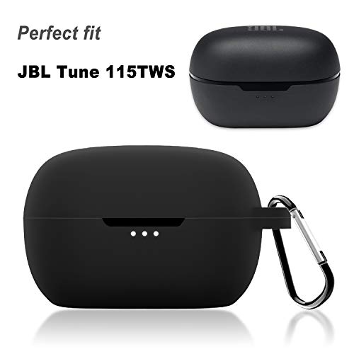Geiomoo Silicone Carrying Case Compatible with JBL Tune 115TWS, Portable Scratch Shock Resistant Cover with Carabiner (Black)