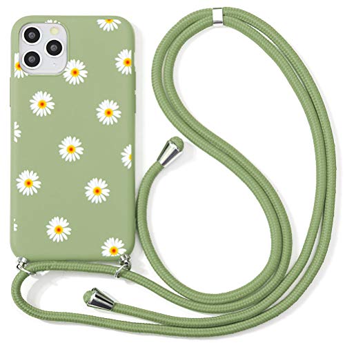 Eouine Crossbody Case for Samsung Galaxy A11 [6.4"] - Neck Cord Lanyard Strap with Samsung A11 Case - Anti-Scratch Green Silicone Pattern TPU Adjustable Necklace Strap - Daisy