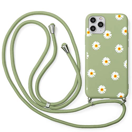 Eouine Crossbody Case for Samsung Galaxy A11 [6.4"] - Neck Cord Lanyard Strap with Samsung A11 Case - Anti-Scratch Green Silicone Pattern TPU Adjustable Necklace Strap - Daisy