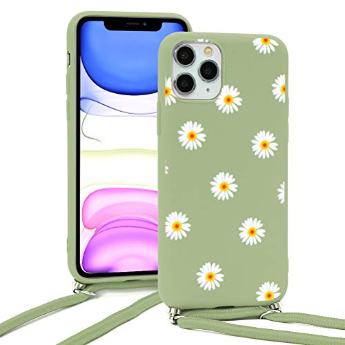 Eouine Crossbody Case for Samsung Galaxy A11 [6.4"] - Neck Cord Lanyard Strap with Samsung A11 Case - Anti-Scratch Green Silicone Pattern TPU Adjustable Necklace Strap - Daisy