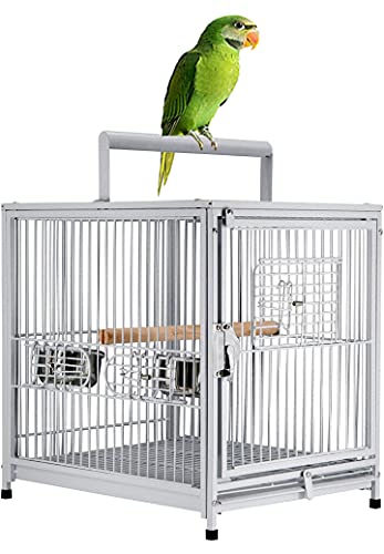 22” Portable Heavy Duty Travel Bird Parrot Carrier Play Stand Perch Cage Feeding Bowl Stand with Handle and Accessories (White)