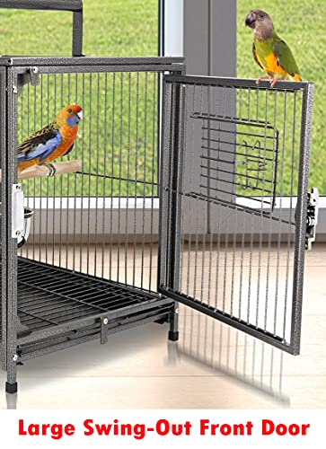 22” Portable Heavy Duty Travel Bird Parrot Carrier Play Stand Perch Cage Feeding Bowl Stand with Handle and Accessories (White)