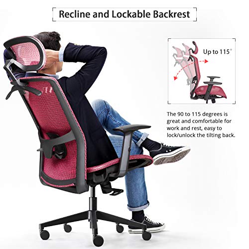 Furmax Ergonomic Office Chair Executive Chair with Mesh Seat High Back Computer Desk Chair with Adjustable Headrest Lumbar Support Armrest Rolling Task Chair with Clothes Hanger (Red)