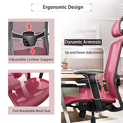 Furmax Ergonomic Office Chair Executive Chair with Mesh Seat High Back Computer Desk Chair with Adjustable Headrest Lumbar Support Armrest Rolling Task Chair with Clothes Hanger (Red)