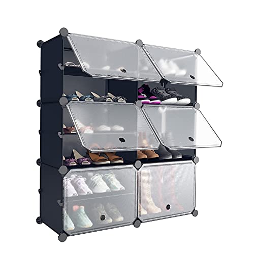 SimpleWise Shoe Rack Organizer Portable Storage Cubes Shoe Storage 6 Cube 12 Tiers DIY FreeStanding Entryway Shoe Rack Storage Plastic Cabinet for Closet Bedroom Hallway, Gray