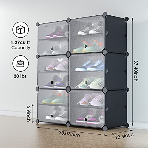 SimpleWise Shoe Rack Organizer Portable Storage Cubes Shoe Storage 6 Cube 12 Tiers DIY FreeStanding Entryway Shoe Rack Storage Plastic Cabinet for Closet Bedroom Hallway, Gray